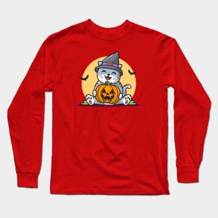 Cute Witch Cat Hug Pumpkin Halloween Cartoon Vector Icon Illustration Long Sleeve T-Shirt